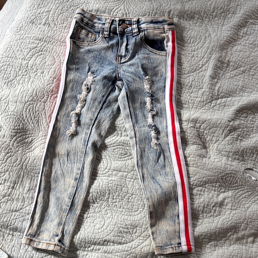 Kids Distressed Denim Jeans with Red Stripe w adjustable waist